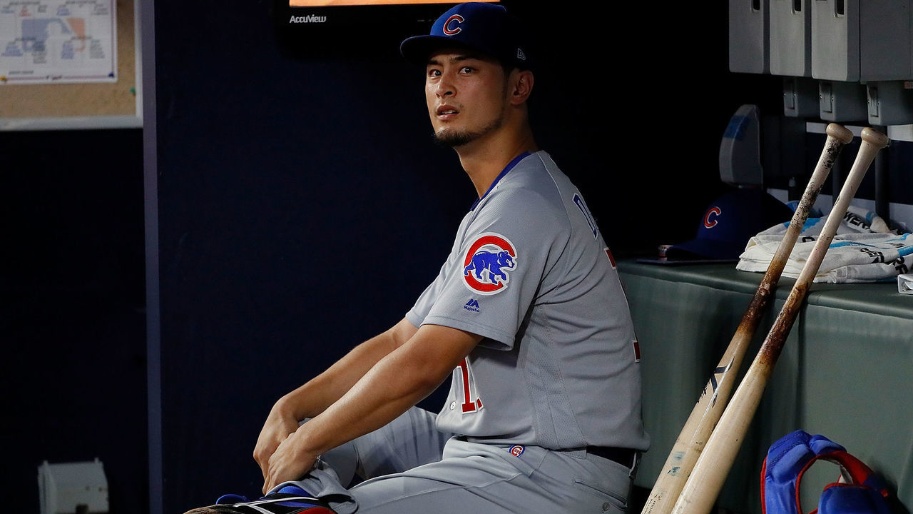 ATLANTA, GA - MAY 15: Yu Darvish #11 of the Chicago Cubs sits in the dugout during the fourth inning against the Atlanta Braves at SunTrust Park on May 15, 2018 in Atlanta, Georgia.