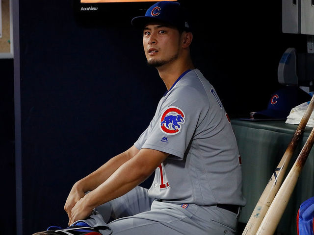 ATLANTA, GA - MAY 15: Yu Darvish #11 of the Chicago Cubs sits in the dugout during the fourth inning against the Atlanta Braves at SunTrust Park on May 15, 2018 in Atlanta, Georgia.
