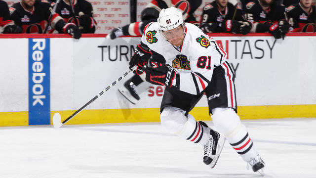 OTTAWA, ON - MARCH 16: Playing in his 1300th career NHL game, Marian Hossa #81of the Chicago Blackhawks skates against the Ottawa Senators at Canadian Tire Centre on March 16, 2017 in Ottawa, Ontario, Canada. *** Local Caption ***