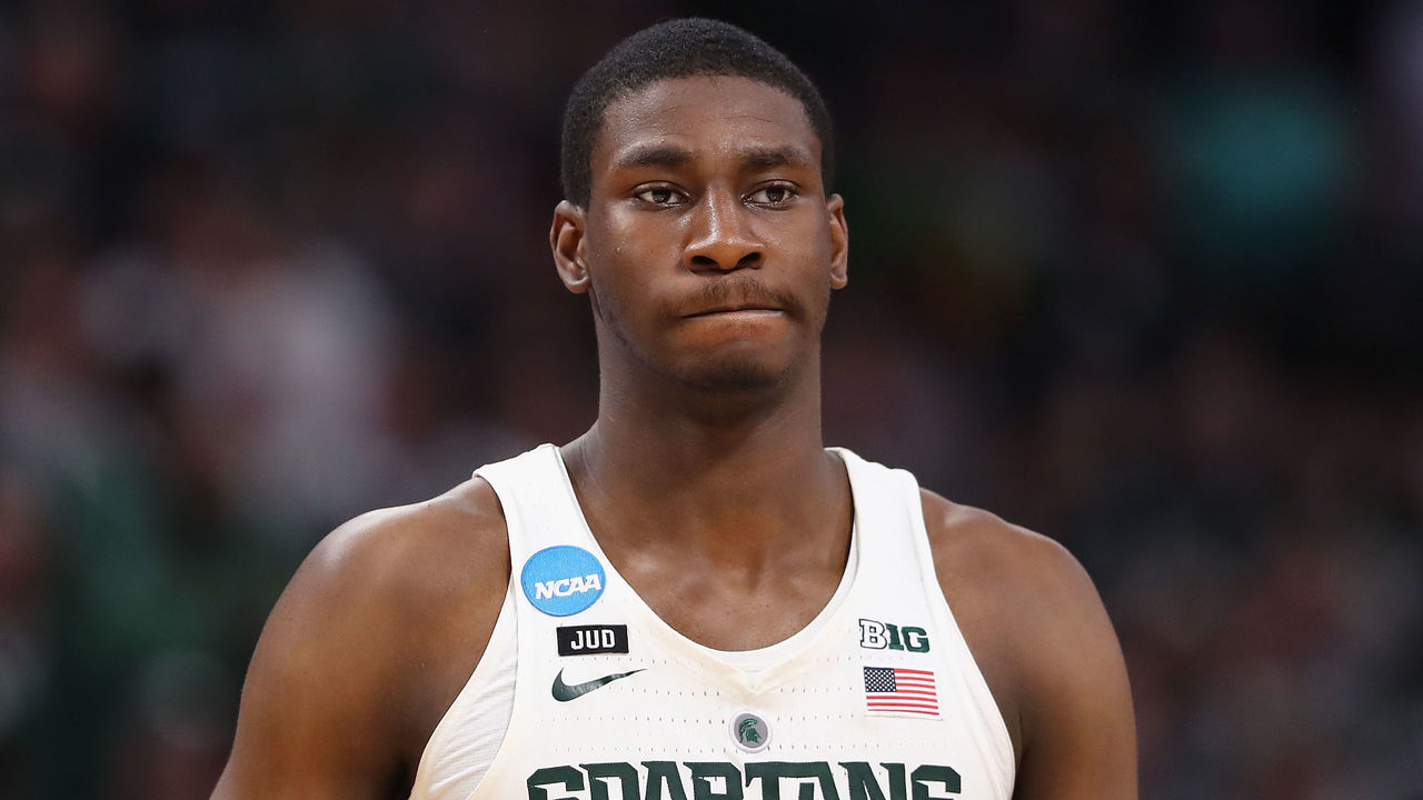 DETROIT, MI - MARCH 18: Jaren Jackson Jr. #2 of the Michigan State Spartans reacts during the second half against the Syracuse Orange in the second round of the 2018 NCAA Men's Basketball Tournament at Little Caesars Arena on March 18, 2018 in Detroit, Michigan.