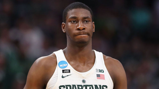 DETROIT, MI - MARCH 18: Jaren Jackson Jr. #2 of the Michigan State Spartans reacts during the second half against the Syracuse Orange in the second round of the 2018 NCAA Men's Basketball Tournament at Little Caesars Arena on March 18, 2018 in Detroit, Michigan.