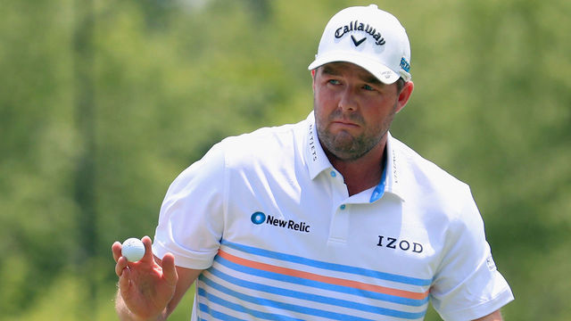 DALLAS, TX - MAY 19: Marc Leishman of Australia acknowledges the gallery following a putt on the ninth green during the third round of the AT&T Byron Nelson at Trinity Forest Golf Club on May 19, 2018 in Dallas, Texas.