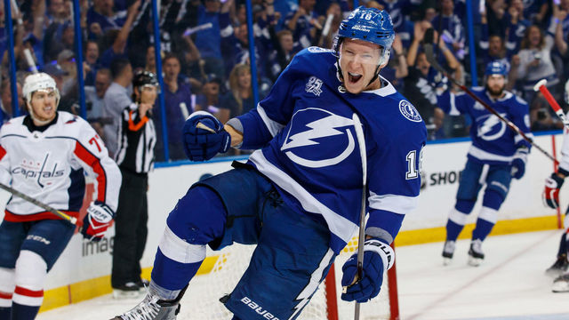 TAMPA, FL - MAY 19: Ondrej Palat #18 of the Tampa Bay Lightning celebrates his goal against the Washington Capitals during Game Five of the Eastern Conference Final during the 2018 NHL Stanley Cup Playoffs at Amalie Arena on May 19, 2018 in Tampa, Florida.