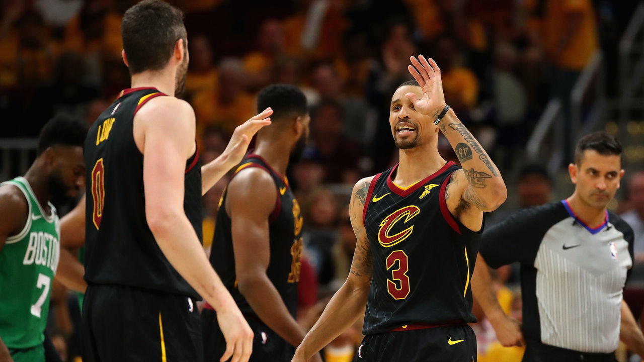 CLEVELAND, OH - MAY 19: George Hill #3 high fives Kevin Love #0 of the Cleveland Cavaliers in the second half against the Boston Celtics during Game Three of the 2018 NBA Eastern Conference Finals at Quicken Loans Arena on May 19, 2018 in Cleveland, Ohio.