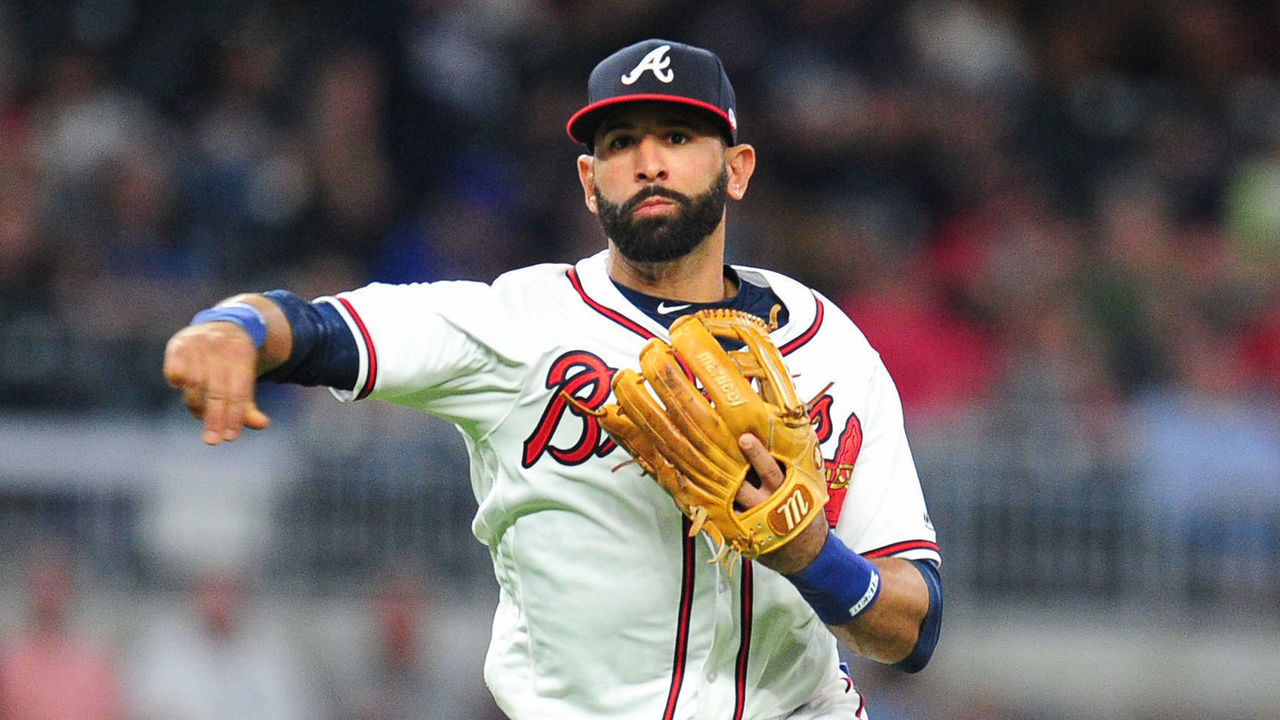 ATLANTA, GA - MAY 4: Jose Bautista #23 of the Atlanta Braves throws out a runner in the eighth inning during the game against the San Francisco Giants at SunTrust Park on May 4, 2018 in Atlanta, Georgia.
