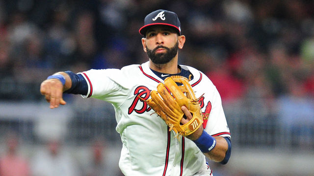 ATLANTA, GA - MAY 4: Jose Bautista #23 of the Atlanta Braves throws out a runner in the eighth inning during the game against the San Francisco Giants at SunTrust Park on May 4, 2018 in Atlanta, Georgia.