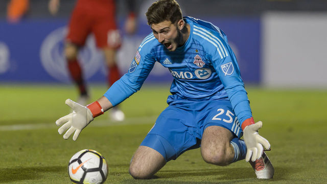 MONTERREY, MEXICO - MARCH 13: Alex Bono, goalkeeper of Toronto, receives the ball during the quarterfinals second leg match between Tigres UANL and Toronto FC as part of the CONCACAF Champions League 2018 at Universitario Stadium on March 13, 2018 in Monterrey, Mexico.