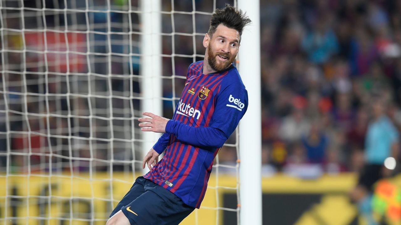 Barcelona's Argentinian forward Lionel Messi reacts after missing a goal opportunity during the Spanish league football match between FC Barcelona and Real Sociedad at the Camp Nou stadium in Barcelona on May 20, 2018.