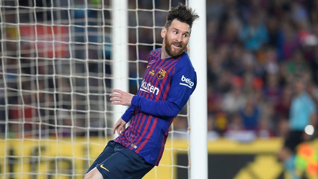 Barcelona's Argentinian forward Lionel Messi reacts after missing a goal opportunity during the Spanish league football match between FC Barcelona and Real Sociedad at the Camp Nou stadium in Barcelona on May 20, 2018.