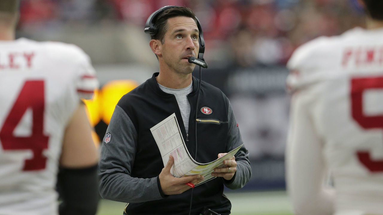 HOUSTON, TX - DECEMBER 10: Head coach Kyle Shanahan of the San Francisco 49ers looks at the video board in the fourth quarter against the Houston Texans at NRG Stadium on December 10, 2017 in Houston, Texas.