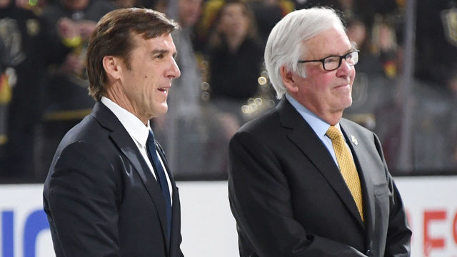 LAS VEGAS, NV - MARCH 31: Vegas Golden Knights general manager George McPhee (L) and Chairman, CEO and Governor Bill Foley wait to hand out awards to players after the team's 3-2 win over the San Jose Sharks in their final regular-season home game at T-Mobile Arena on March 31, 2018 in Las Vegas, Nevada. The victory clinched the Pacific Division title for the Golden Knights.