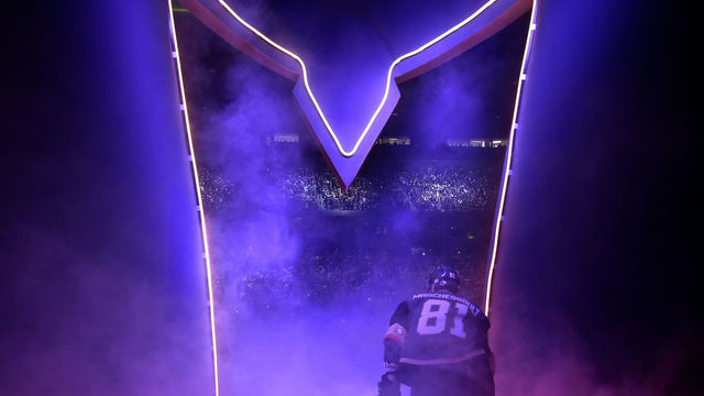 LAS VEGAS, NV - MAY 18: Jonathan Marchessault #81 of the Vegas Golden Knights skates onto the ice before Game Four of the Western Conference Final against the Winnipeg Jets during the 2018 NHL Stanley Cup Playoffs at T-Mobile Arena on May 18, 2018 in Las Vegas, Nevada.