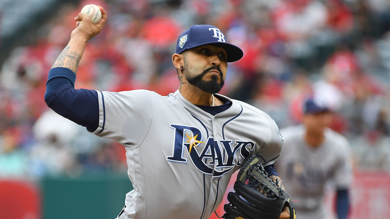 ANAHEIM, CA - MAY 20: Sergio Romo #54 of the Tampa Bay Rays pitches in the first inning of the game against the Los Angeles Angels of Anaheim at Angel Stadium on May 20, 2018 in Anaheim, California.