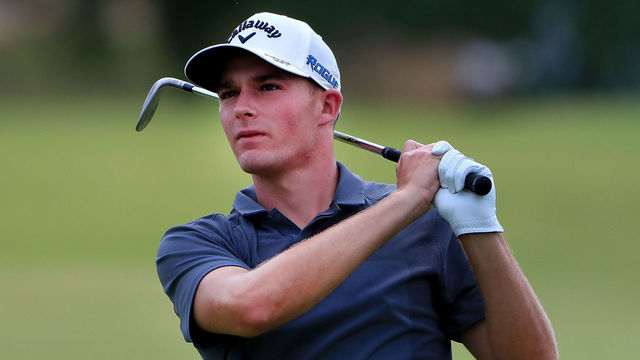 DALLAS, TX - MAY 20: Aaron Wise plays a shot on the fourth hole during the final round of the AT&T Byron Nelson at Trinity Forest Golf Club on May 20, 2018 in Dallas, Texas.