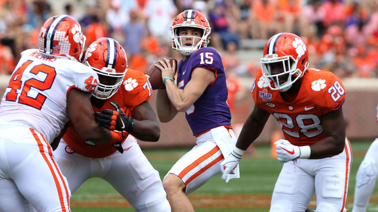 CLEMSON, SC - APRIL 14: (P Hunter Johnson (15) looks to throw a passduring action in the Clemson Spring Football game at Clemson Memorial Stadium on April 14, 2018 in Clemson, SC..hoto by John Byrum/Icon Sportswire via Getty Images)