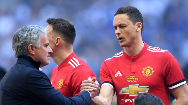 LONDON, ENGLAND - MAY 19: Jose Mourinho, Manager of Manchester United shakes hands with Nemanja Matic of Manchester United prior to The Emirates FA Cup Final between Chelsea and Manchester United at Wembley Stadium on May 19, 2018 in London, England.