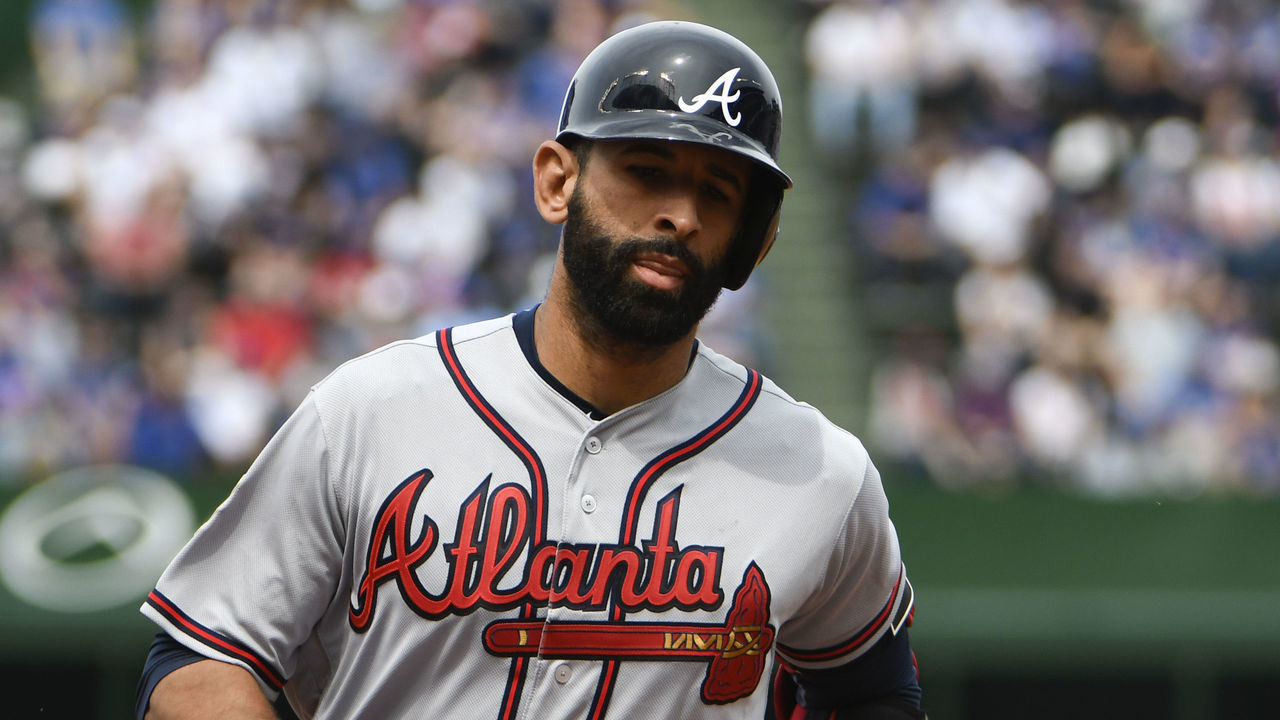 CHICAGO, IL - MAY 14: Jose Bautista #23 of the Atlanta Braves runs the bases after hitting a three-run homer against the Chicago Cubs during the fifth inning while wearing the #42 to commemorate Jackie Robinson Day on May 14, 2018 at Wrigley Field in Chicago, Illinois.
