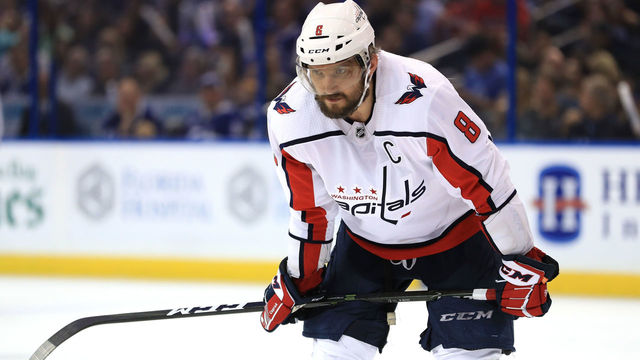TAMPA, FL - MAY 19: Alex Ovechkin #8 of the Washington Capitals looks on against the Tampa Bay Lightning during the third period in Game Five of the Eastern Conference Finals during the 2018 NHL Stanley Cup Playoffs at Amalie Arena on May 19, 2018 in Tampa, Florida.
