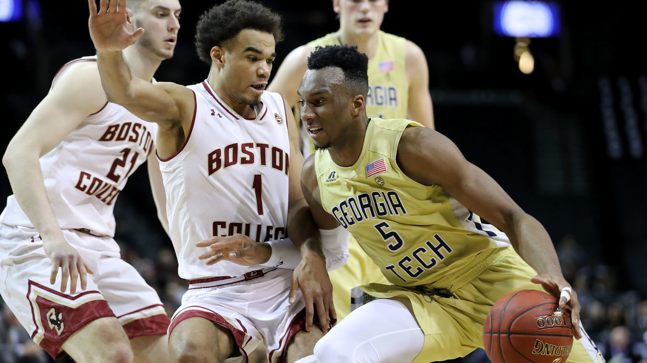 NEW YORK, NY - MARCH 06: Josh Okogie #5 of the Georgia Tech Yellow Jackets works against Jerome Robinson #1 of the Boston College Eagles in the first half during the first round of the ACC Men's Basketball Tournament at Barclays Center on March 6, 2018 in New York City.