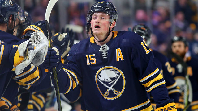 BUFFALO, NY - JANUARY 9: Jack Eichel #15 of the Buffalo Sabres celebrates after scoring a goal against the Winnipeg Jets in the first period at the KeyBank Center on January 9, 2018 in Buffalo, New York.