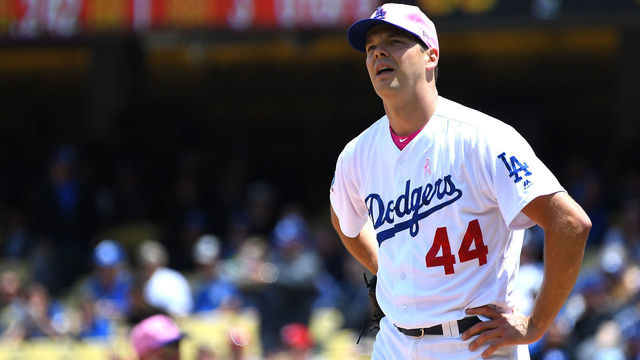 LOS ANGELES, CA - MAY 13: Rich Hill #44 of the Los Angeles Dodgers stands on the mound after allowing two runs in the third inning of the game against the Cincinnati Reds at Dodger Stadium on May 13, 2018 in Los Angeles, California.
