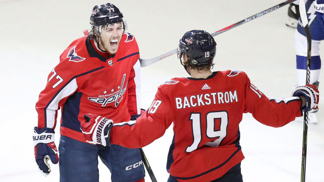 WASHINGTON, DC - MAY 21: T.J. Oshie #77 of the Washington Capitals celebrates his second period goal with teammate Nicklas Backstrom #19 against the Tampa Bay Lightning in Game Six of the Eastern Conference Finals during the 2018 NHL Stanley Cup Playoffs at Capital One Arena on May 21, 2018 in Washington, DC.