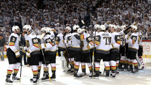 WINNIPEG, MB - MAY 20: Vegas Golden Knights players celebrate on the ice following a 2-1 victory over the Winnipeg Jets in Game Five of the Western Conference Final during the 2018 NHL Stanley Cup Playoffs at the Bell MTS Place on May 20, 2018 in Winnipeg, Manitoba, Canada. The Knights win the series 4-1.