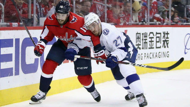 WASHINGTON, DC - MAY 17: Chandler Stephenson #18 of the Washington Capitals battles with Ryan McDonagh #27 of the Tampa Bay Lightning in Game Four of the Eastern Conference Finals during the 2018 NHL Stanley Cup Playoffs at the Capital One Arena on May 17, 2018 in Washington, DC. The Lightning defeated the Capitals 4-2.