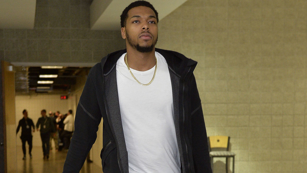 Milwaukee, WI - APRIL 26: Sterling Brown #23 of the Milwaukee Bucks arrives to the arena prior to Game Six of Round One of the 2018 NBA Playoffs against the Boston Celtics on April 26, 2018 at the BMO Harris Bradley Center in Milwaukee, Wisconsin. Mandatory Copyright Notice: Copyright 2018 NBAE