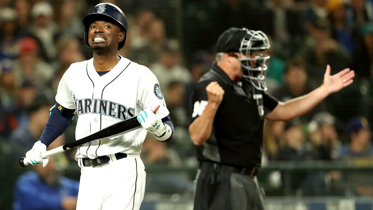SEATTLE, WA - MAY 17: Dee Gordon #9 of the Seattle Mariners reacts after striking out in the seventh inning against the Detroit Tigers during their game at Safeco Field on May 17, 2018 in Seattle, Washington.