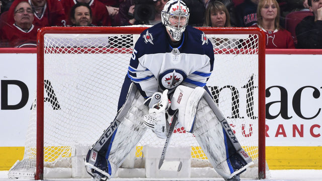 MONTREAL, QC - APRIL 03: Goaltender Steve Mason #35 of the Winnipeg Jets looks on as he protects his net against the Montreal Canadiens during the NHL game at the Bell Centre on April 3, 2018 in Montreal, Quebec, Canada. The Winnipeg Jets defeated the Montreal Canadiens 5-4 in overtime.