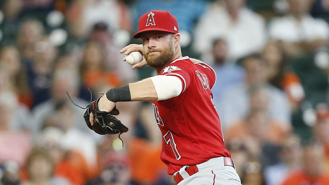 HOUSTON, TX - APRIL 25: Zack Cozart #7 of the Los Angeles Angels of Anaheim fields a hard hit ball by Alex Bregman #2 of the Houston Astros in the second inning at Minute Maid Park on April 25, 2018 in Houston, Texas.