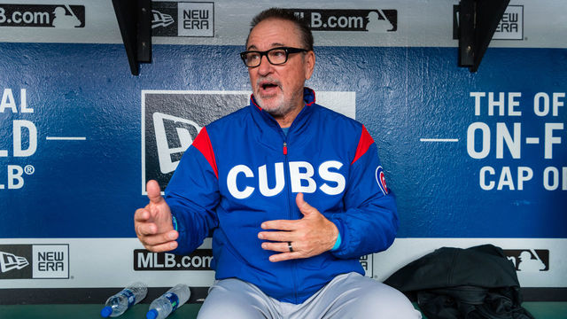 CLEVELAND, OH - APRIL 24: Manager Joe Maddon #70 of the Chicago Cubs talks with the media prior to the game against the Cleveland Indians at Progressive Field on April 24, 2018 in Cleveland, Ohio.