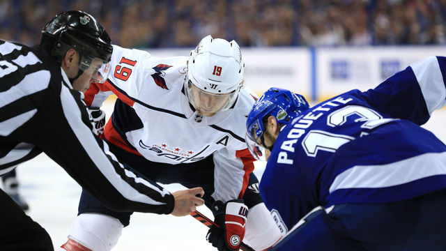TAMPA, FL - MAY 19: Nicklas Backstrom #19 of the Washington Capitals faces off against Cedric Paquette #13 of the Tampa Bay Lightning during the third period in Game Five of the Eastern Conference Finals during the 2018 NHL Stanley Cup Playoffs at Amalie Arena on May 19, 2018 in Tampa, Florida.