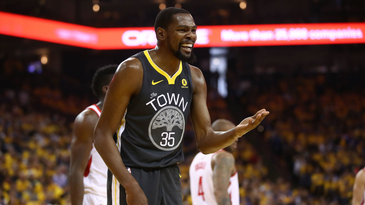 OAKLAND, CA - MAY 22: Kevin Durant #35 of the Golden State Warriors reacts to a play against the Houston Rockets during Game Four of the Western Conference Finals of the 2018 NBA Playoffs at ORACLE Arena on May 22, 2018 in Oakland, California.