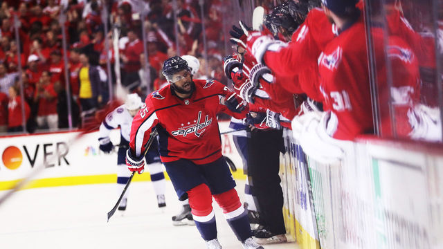 WASHINGTON, DC - MAY 21: Devante Smith-Pelly #25 of the Washington Capitals celebrates in the third period against the Tampa Bay Lightning in Game Six of the Eastern Conference Finals during the 2018 NHL Stanley Cup Playoffs at Capital One Arena on May 21, 2018 in Washington, DC.