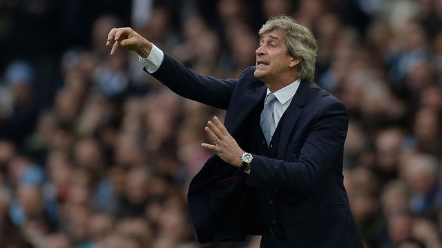 Manchester City's Chilean manager Manuel Pellegrini shouts instructions to his players from the touchline during the English Premier League football match between Manchester City and Manchester United at the Etihad Stadium in Manchester, north west England, on March 20, 2016. / AFP / OLI SCARFF /