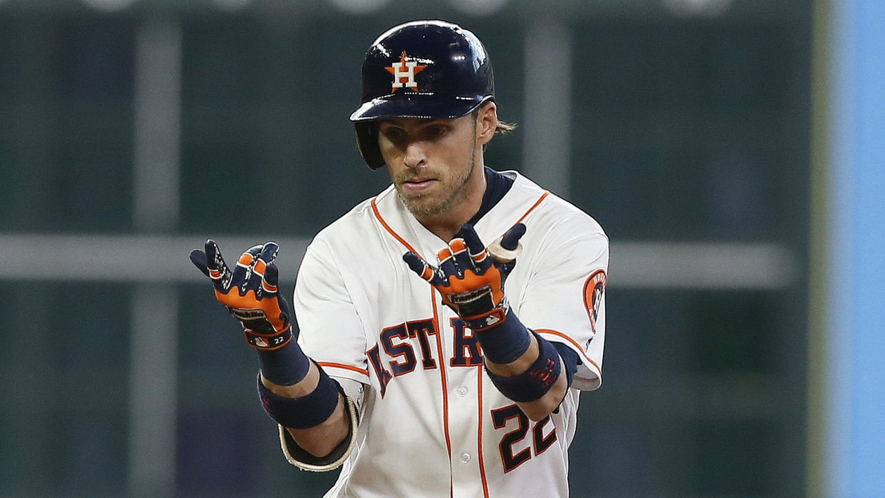 HOUSTON, TX - MAY 12: Josh Reddick #22 of the Houston Astros doubles in the third inning against the Texas Rangers at Minute Maid Park on May 12, 2018 in Houston, Texas.