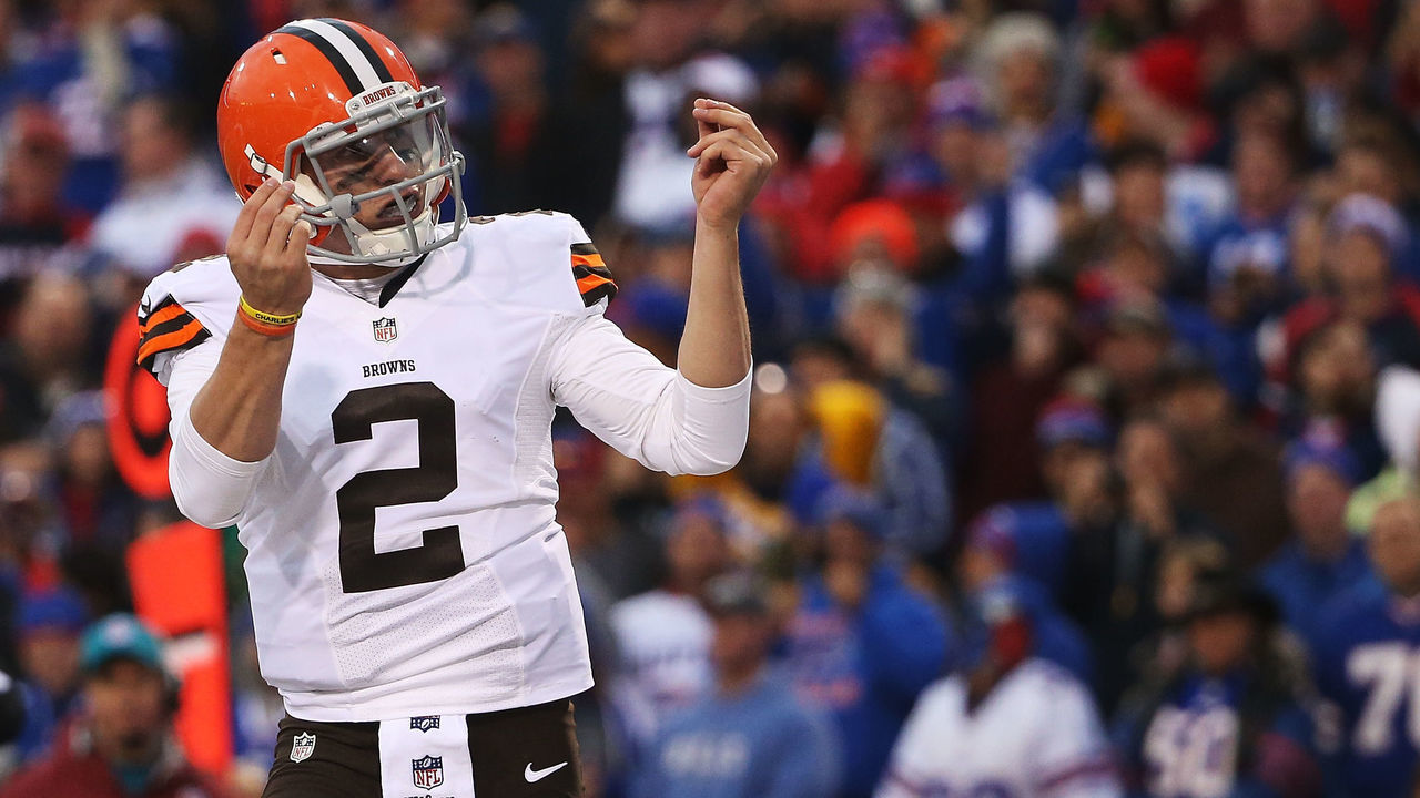 ORCHARD PARK, NY - NOVEMBER 30: Johnny Manziel #2 of the Cleveland Browns celebrates a touchdown against the Buffalo Bills during the second half at Ralph Wilson Stadium on November 30, 2014 in Orchard Park, New York.