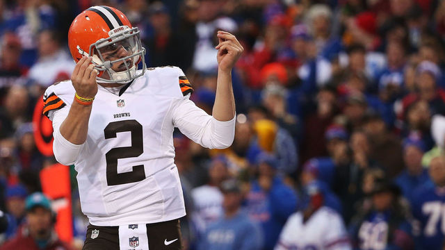 ORCHARD PARK, NY - NOVEMBER 30: Johnny Manziel #2 of the Cleveland Browns celebrates a touchdown against the Buffalo Bills during the second half at Ralph Wilson Stadium on November 30, 2014 in Orchard Park, New York.