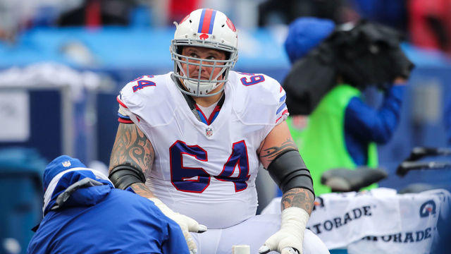 ORCHARD PARK, NY - OCTOBER 29: Richie Incognito #64 of the Buffalo Bills gets his ankle taped during the third quarter of an NFL game against the Oakland Raiders on October 29, 2017 at New Era Field in Orchard Park, New York.