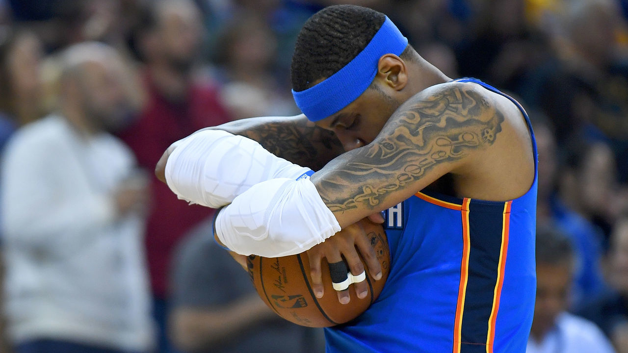 OAKLAND, CA - FEBRUARY 06: Carmelo Anthony #7 of the Oklahoma City Thunder cradles the ball prior to the start of an NBA basketball game against the Golden State Warriors at ORACLE Arena on February 6, 2018 in Oakland, California.