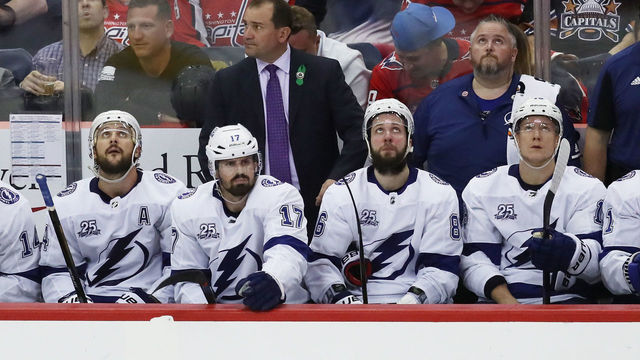 WASHINGTON, DC - MAY 21: The Tampa Bay Lightning bench looks on in the third period against the Washington Capitals in Game Six of the Eastern Conference Finals during the 2018 NHL Stanley Cup Playoffs at Capital One Arena on May 21, 2018 in Washington, DC.