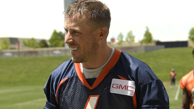 ENGLEWOOD, CO - MAY 22: Denver Broncos quarterback Case Keenum (4) followed by wide receiver Demaryius Thomas (88) coming off the field after the morning session of the first day of Broncos OTA's at the UCHealth Training Center in Englewood. May 22, 2018 Englewood, Colorado.