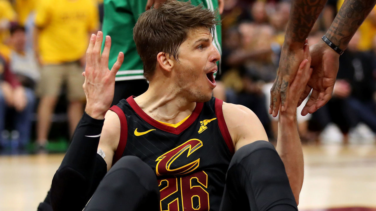 CLEVELAND, OH - MAY 21: Kyle Korver #26 of the Cleveland Cavaliers reacts after a foul is called in the fourth quarter against the Boston Celtics during Game Four of the 2018 NBA Eastern Conference Finals at Quicken Loans Arena on May 21, 2018 in Cleveland, Ohio.