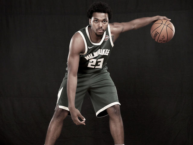 GREENBURGH, NY - AUGUST 11: (EDITORS NOTE: Image has been digitally altered) Sterling Brown of the Milwaukee Bucks poses for a portrait during the 2017 NBA Rookie Photo Shoot at MSG Training Center on August 11, 2017 in Greenburgh, New York.