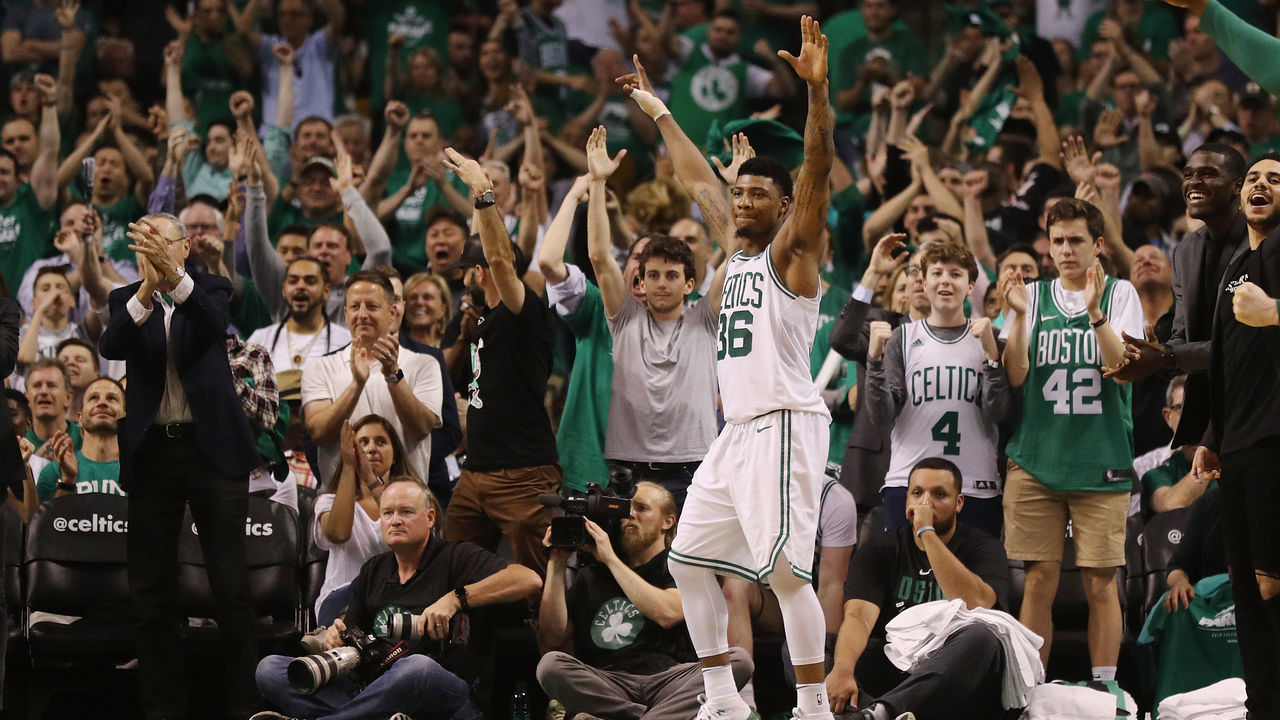 BOSTON, MA - MAY 23: Marcus Smart #36 of the Boston Celtics reacts in the second half against the Cleveland Cavaliers during Game Five of the 2018 NBA Eastern Conference Finals at TD Garden on May 23, 2018 in Boston, Massachusetts.