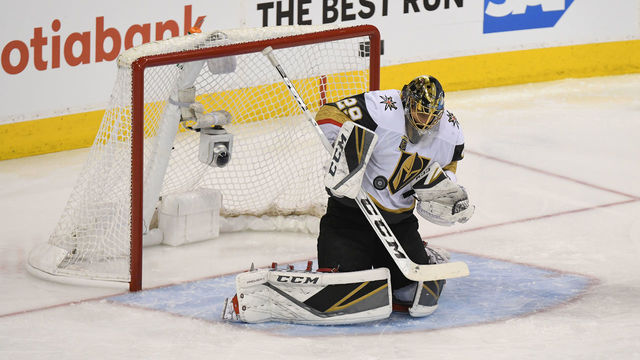 WINNIPEG, MB - MAY 20: Marc-Andre Fleury #29 of the Vegas Golden Knights makes a save during the third period against the Winnipeg Jets in Game Five of the Western Conference Finals during the 2018 NHL Stanley Cup Playoffs at Bell MTS Place on May 20, 2018 in Winnipeg, Canada.