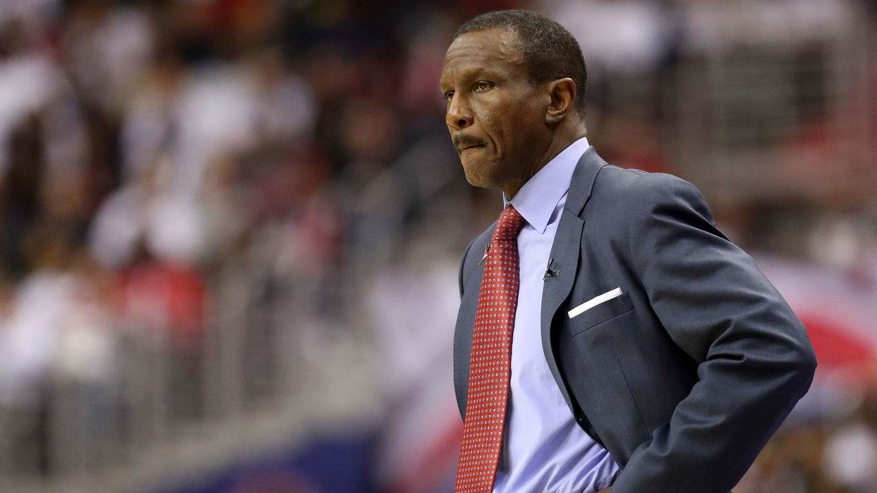 WASHINGTON, DC - APRIL 20: Head coach Dwane Casey of the Toronto Raptors looks on in the second half against the Washington Wizards during Game Three of Round One of the 2018 NBA Playoffs at Capital One Arena on April 20, 2018 in Washington, DC.