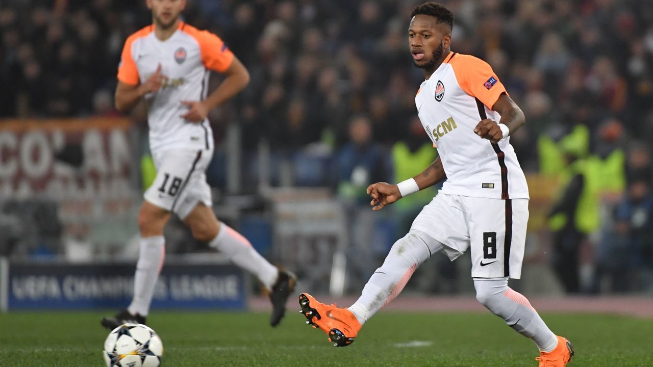 Shakhtar Donetsk's Brazilian midfielder Fred kicks the ball during the UEFA Champions League round of 16 second leg football match AS Roma vs Shakhtar Donetsk on March 13, 2018 at the Olympic stadium in Rome. / AFP PHOTO / Andreas SOLARO